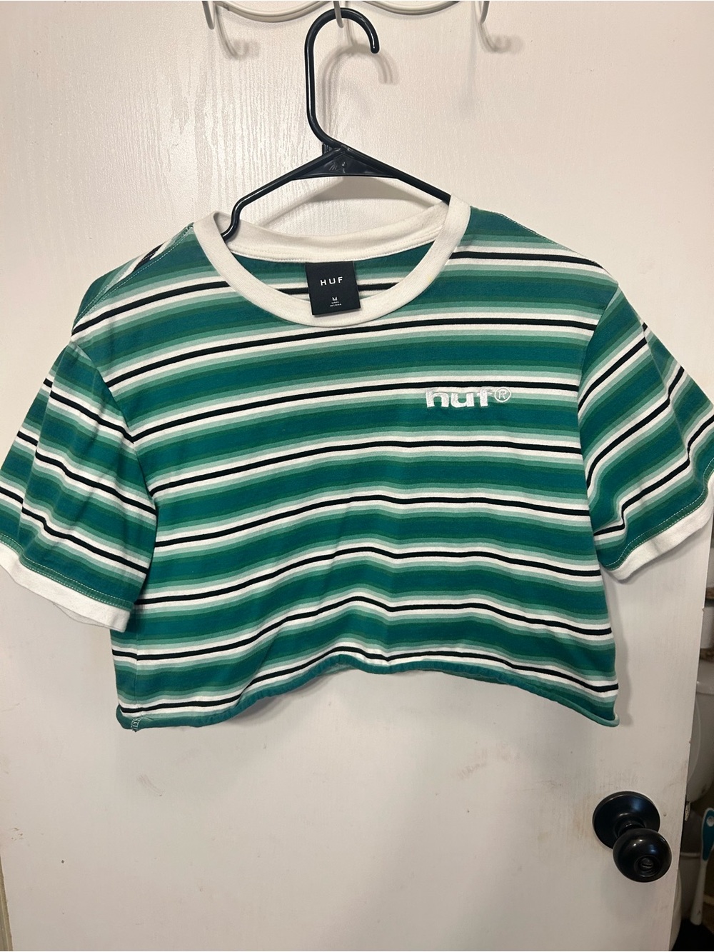 HUF Green & White Striped Cropped Tee